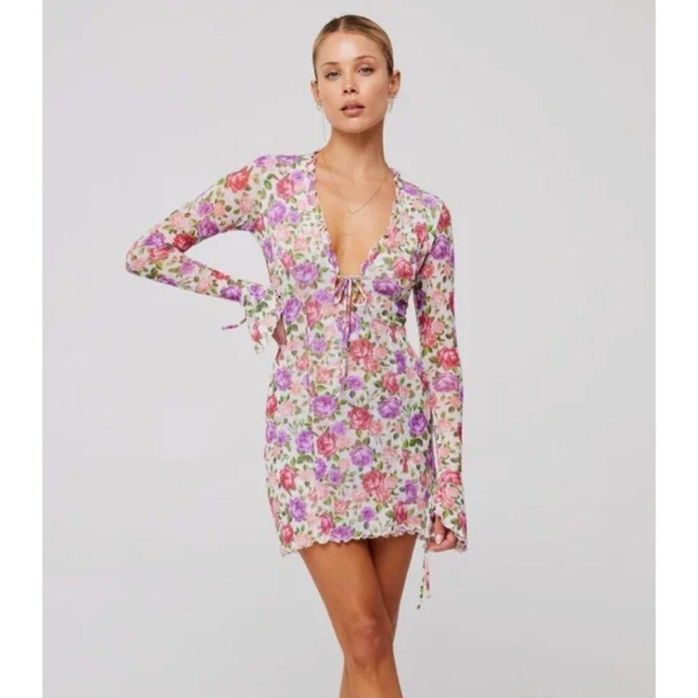RESA Sloane Mesh Long-sleeved Short Mini Dress in Rose Vintage Floral Print XS